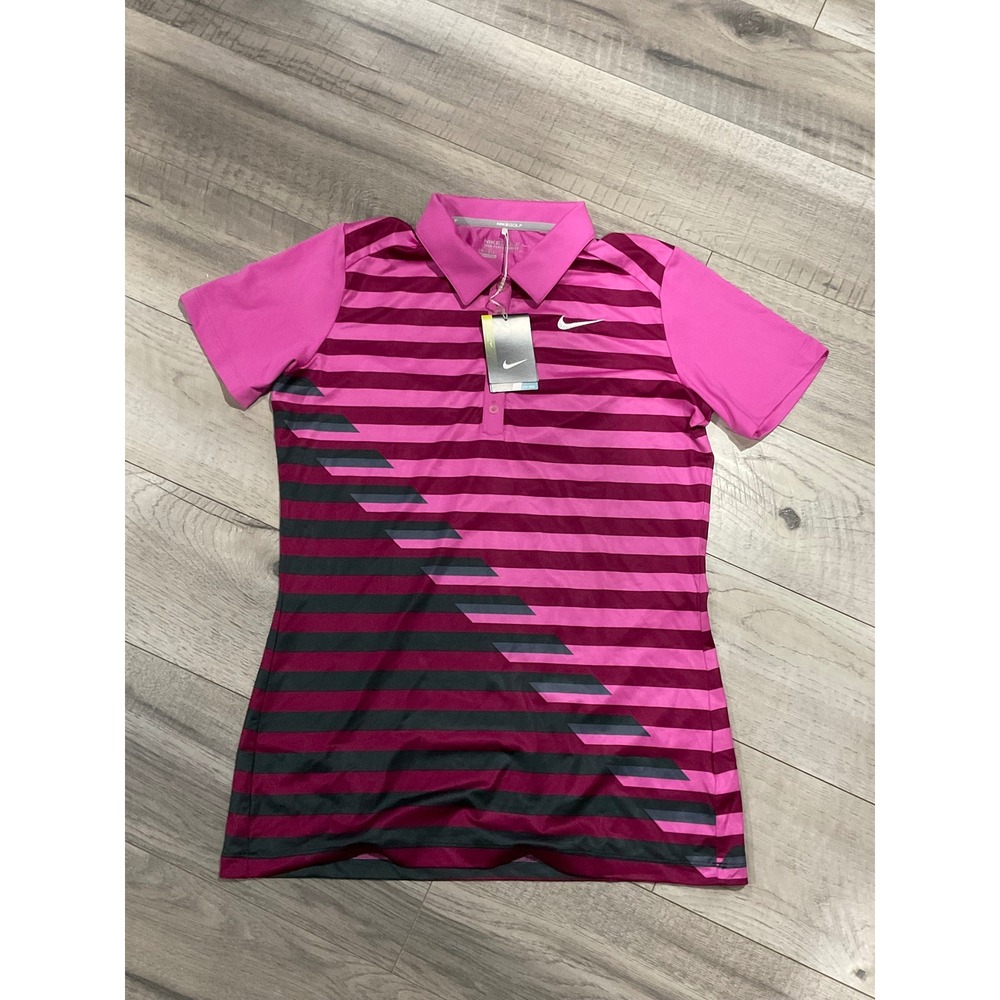 Nike Golf Womens Dri-FIT Striped Polo Shirt Pink Burgundy 541955-636 Size Medium
